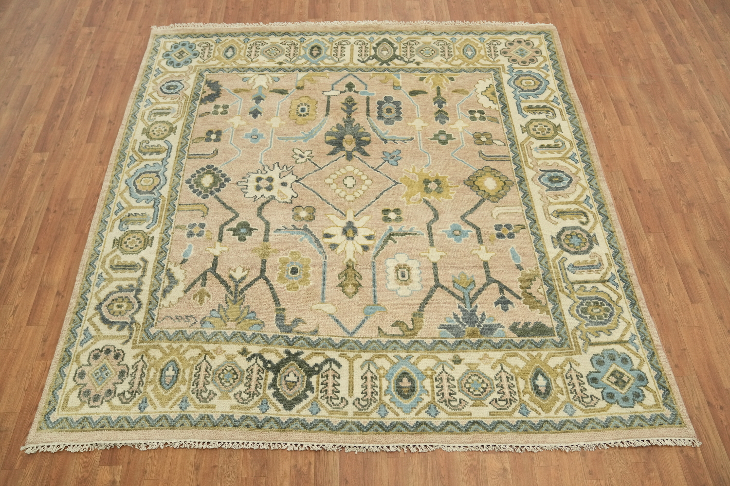 8'x8' Square Pale Pink Traditional Oushak Hand-Knotted Wool Rug