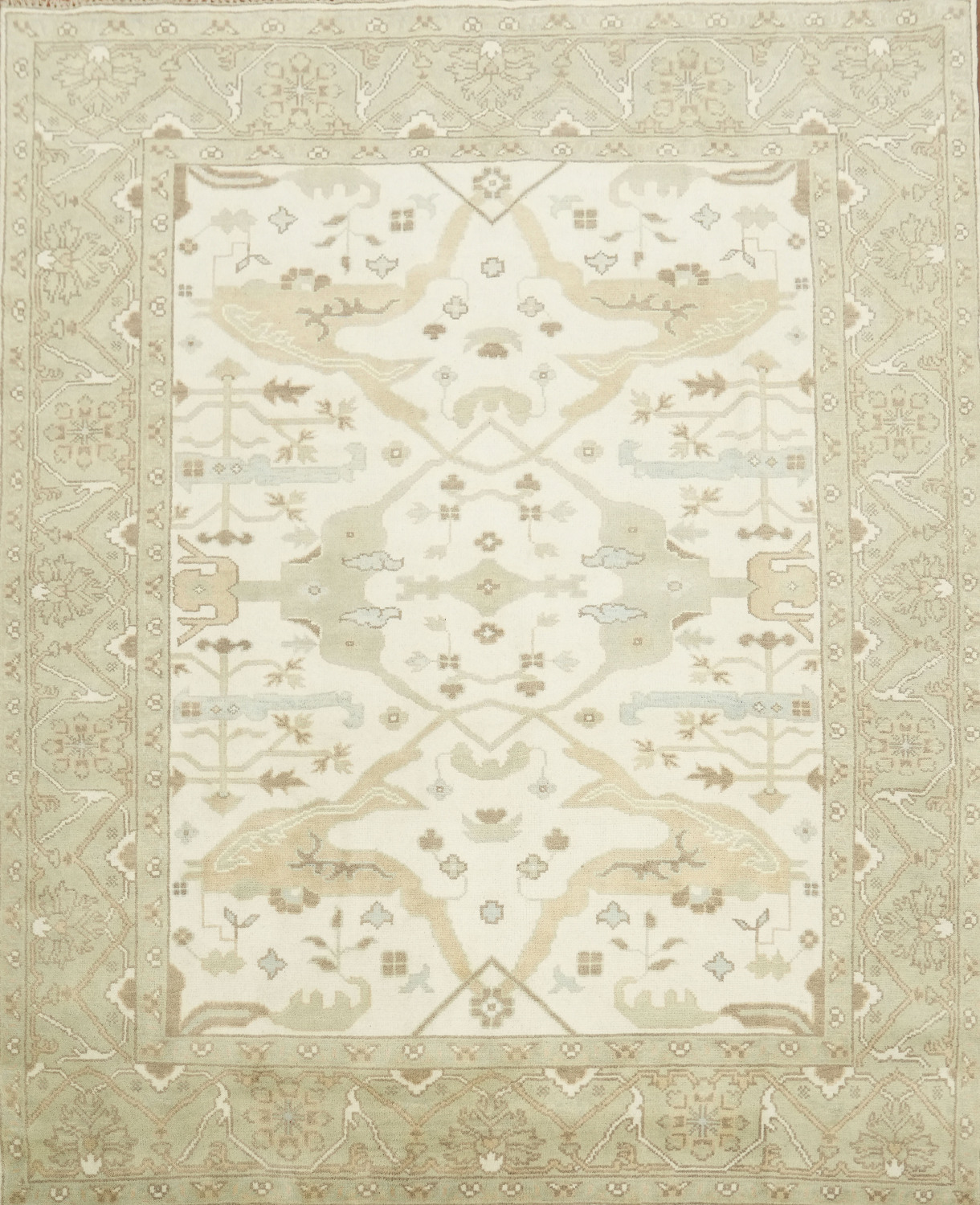 8'x10' White and Sage Green Turkish-Style Rug in Subtle Earthy Hues