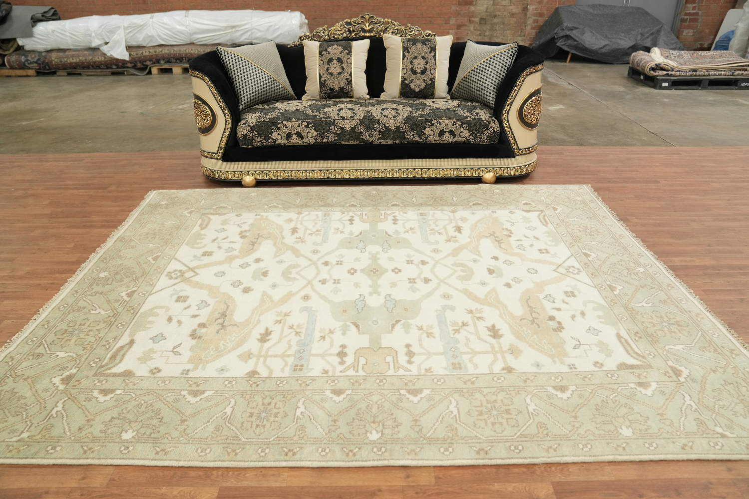 8'x10' White and Sage Green Turkish-Style Rug in Subtle Earthy Hues