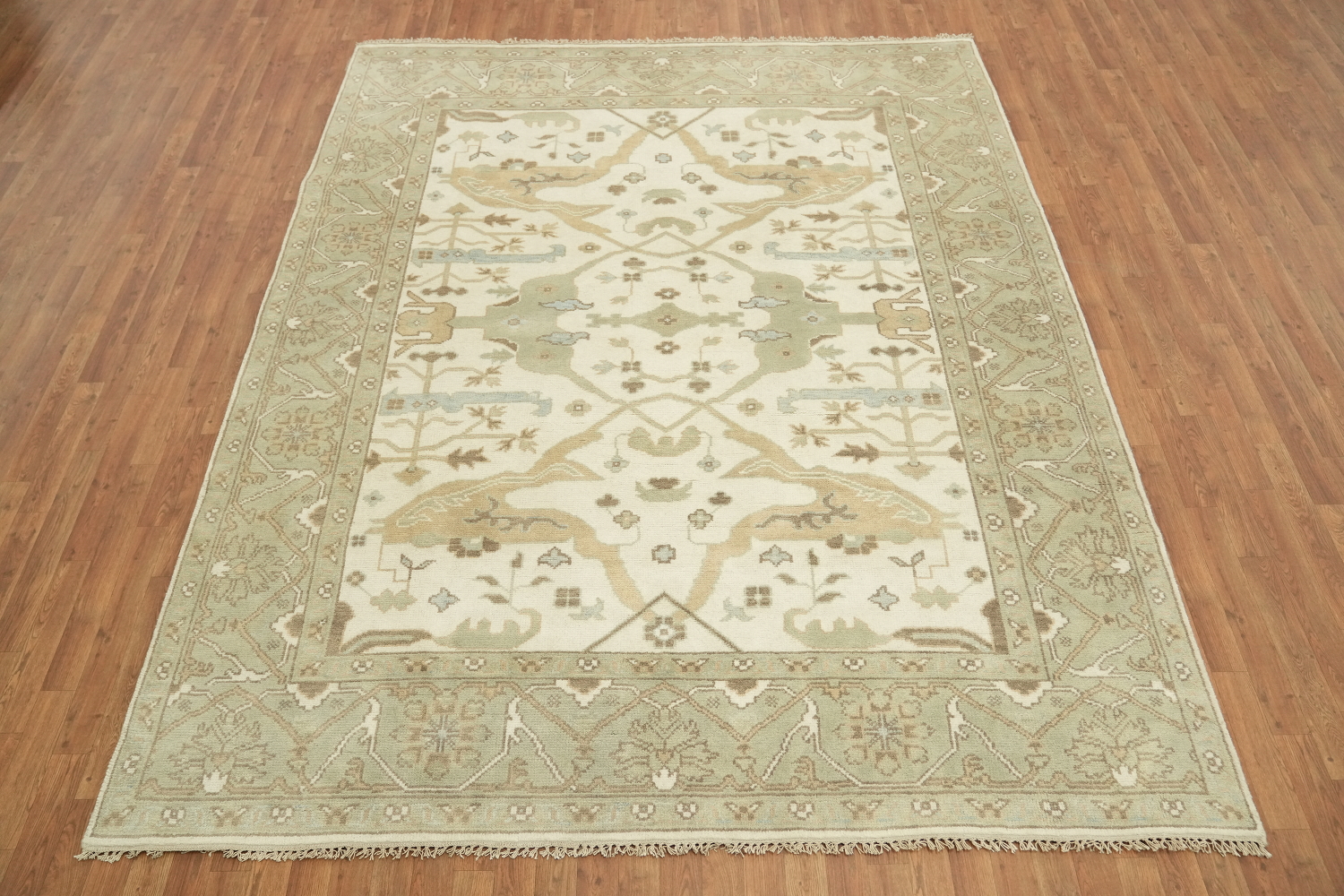 8'x10' White and Sage Green Turkish-Style Rug in Subtle Earthy Hues