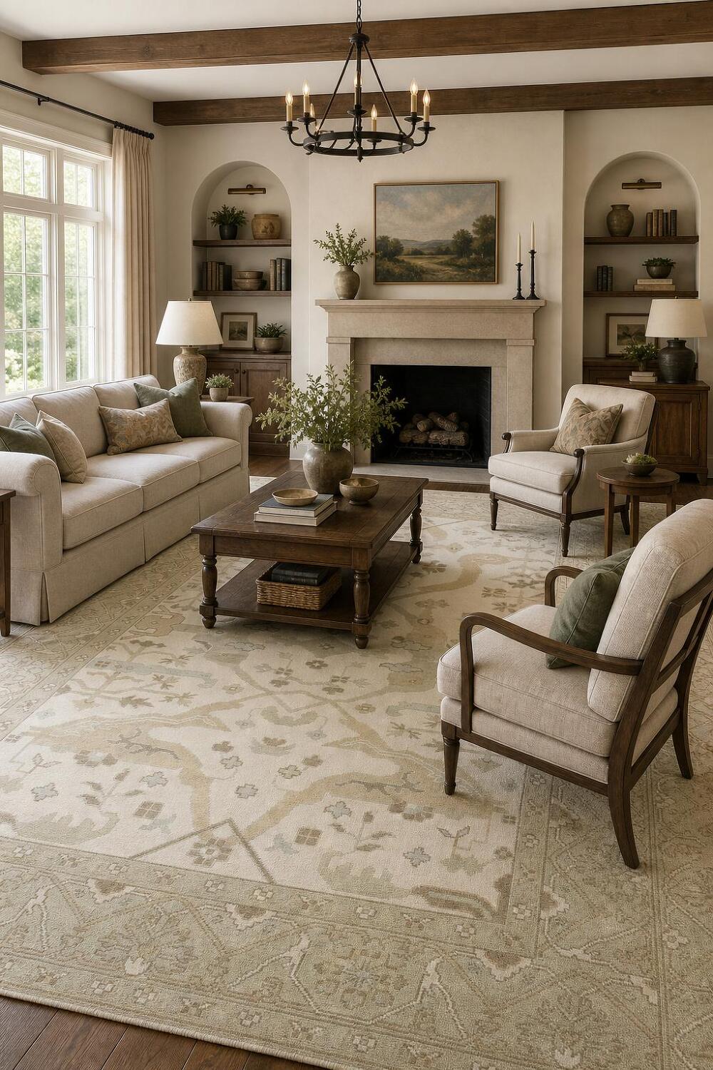 8'x10' White and Sage Green Turkish-Style Rug in Subtle Earthy Hues