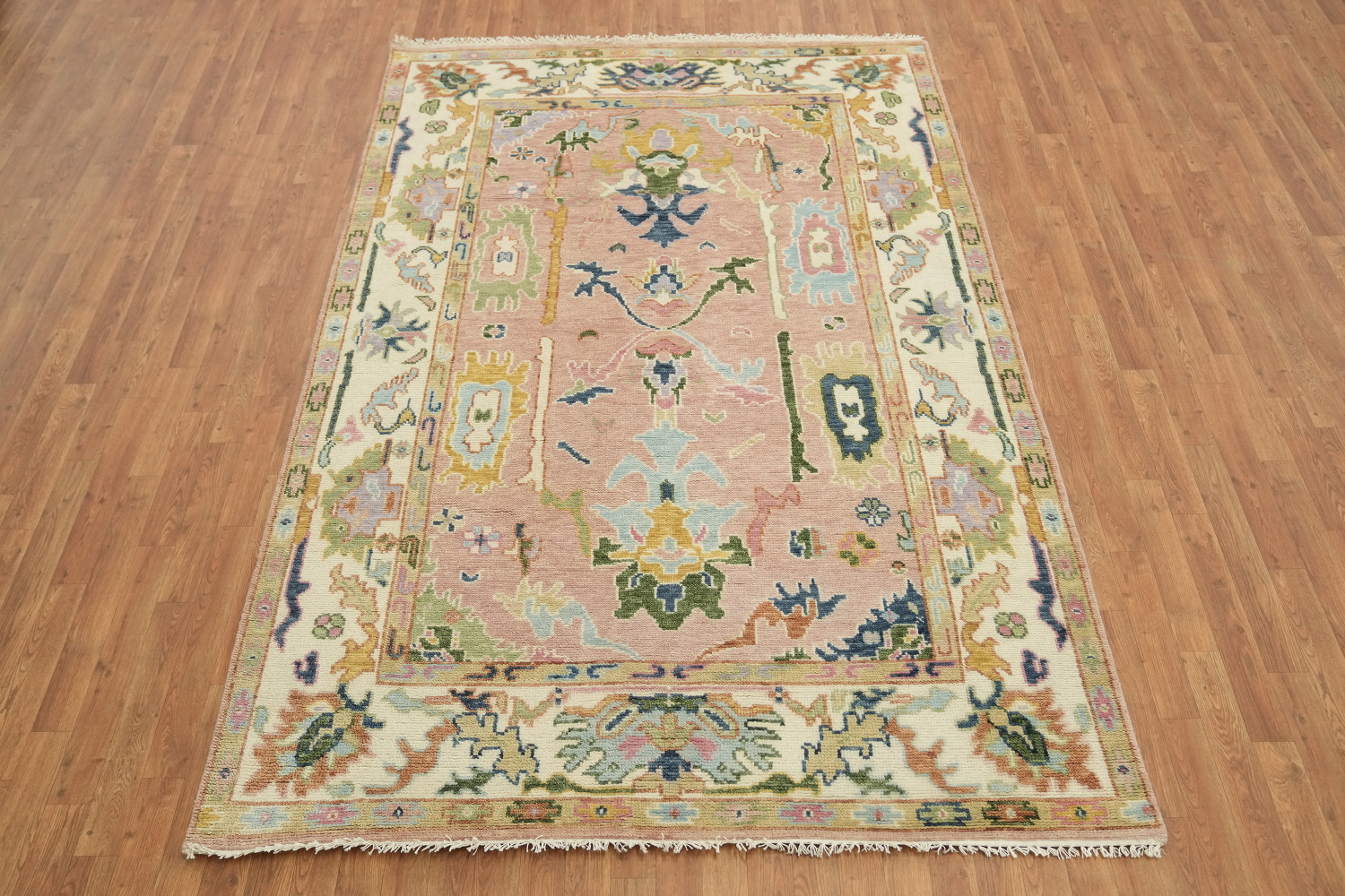 Soft Pink and Ivory Traditional Oushak Hand Made Area Rug 6x9