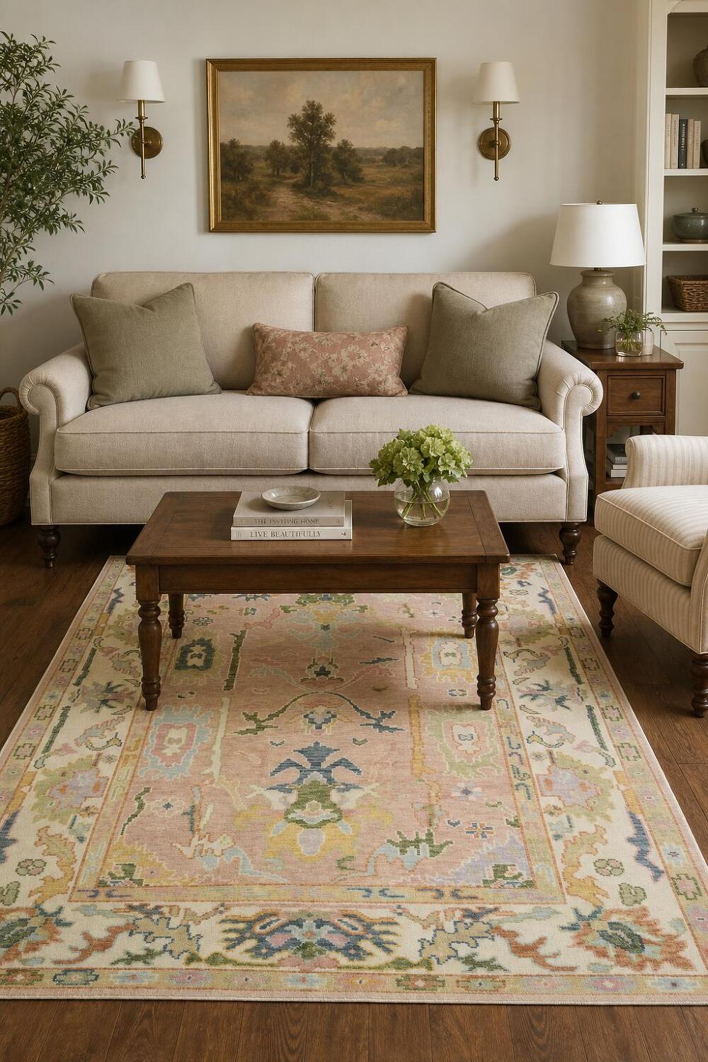 Soft Pink and Ivory Traditional Oushak Hand Made Area Rug 6x9