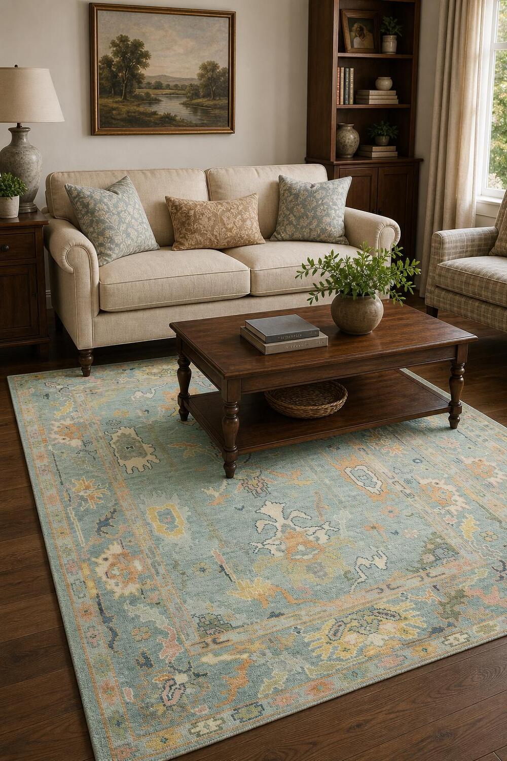 Light Blue Pastel Color Traditional Oushak Hand-Knotted Wool Area Rug 6x9