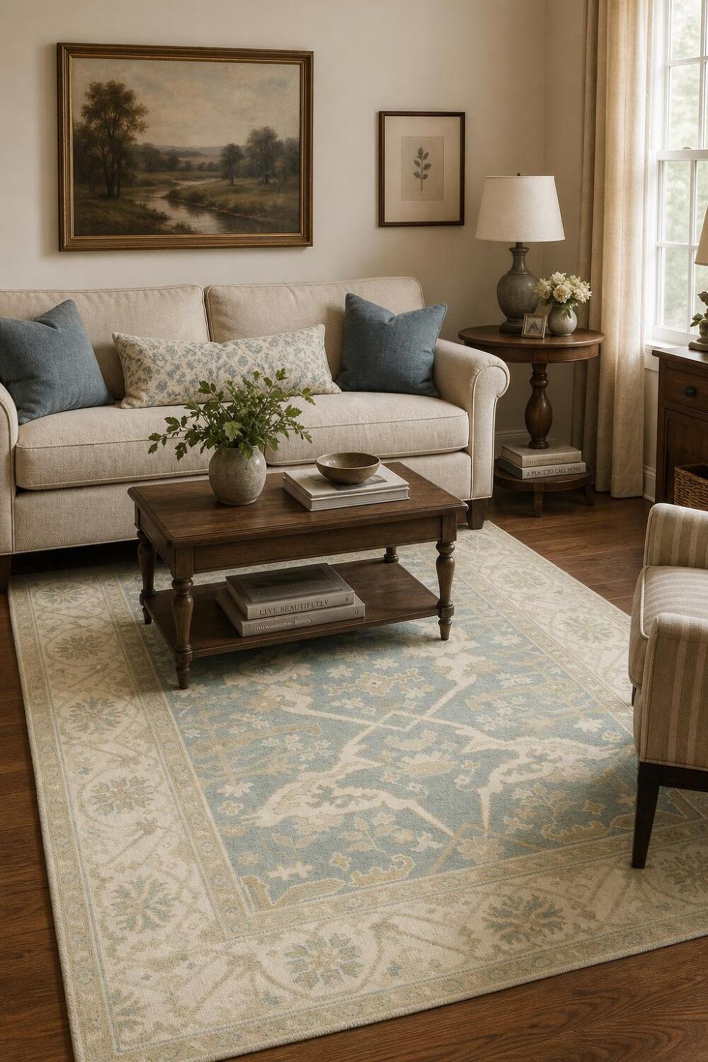 Light Blue  Muted Hue Traditional Oushak Hand-Knotted Wool Area Rug 6x9