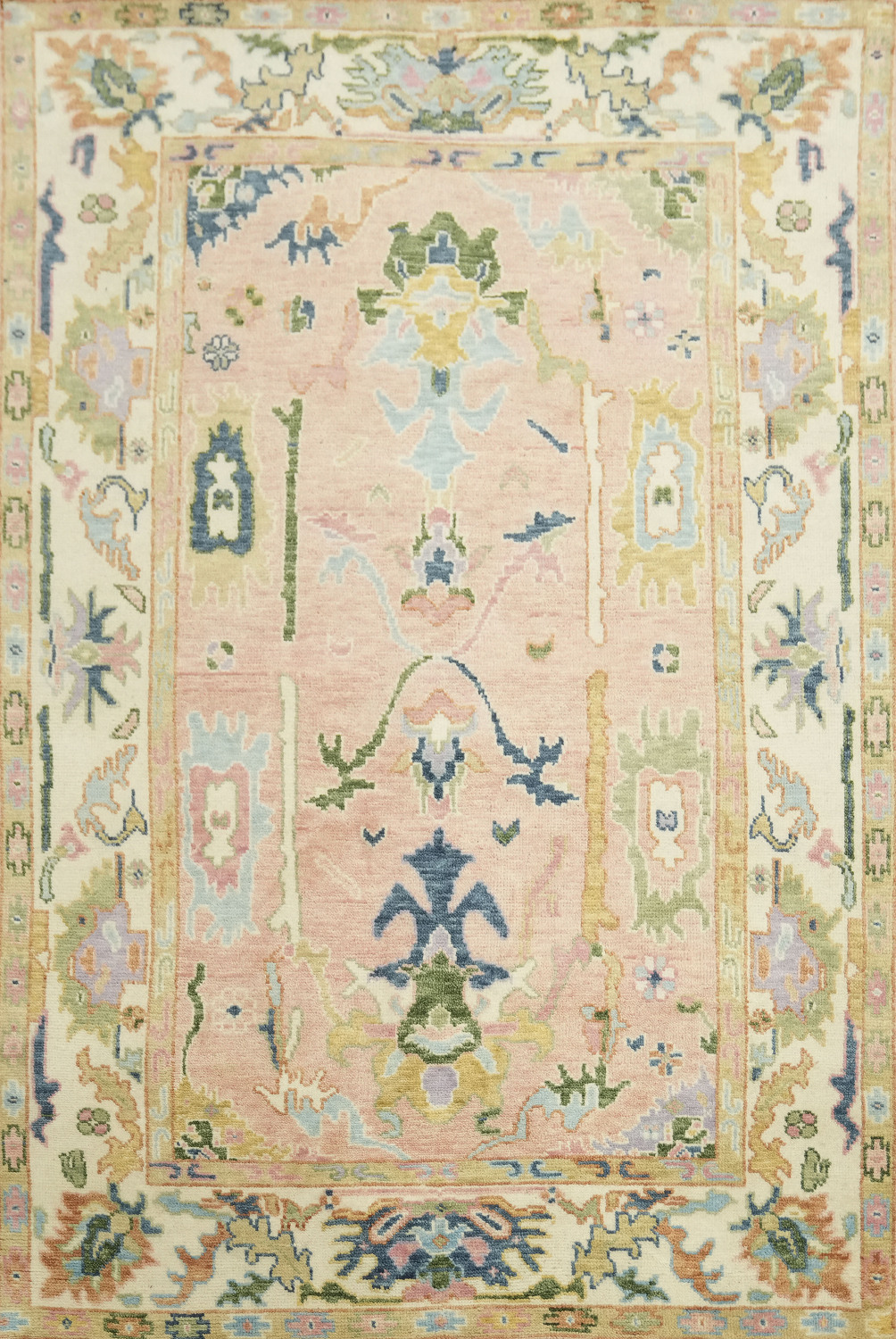 Elegant 6'x9' Pastel Toned Oushak Area Rug with Ornate Floral Motifs