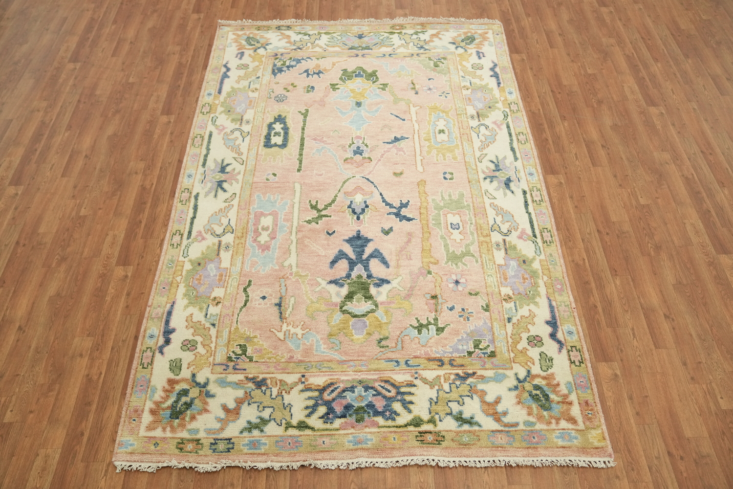 Elegant 6'x9' Pastel Toned Oushak Area Rug with Ornate Floral Motifs