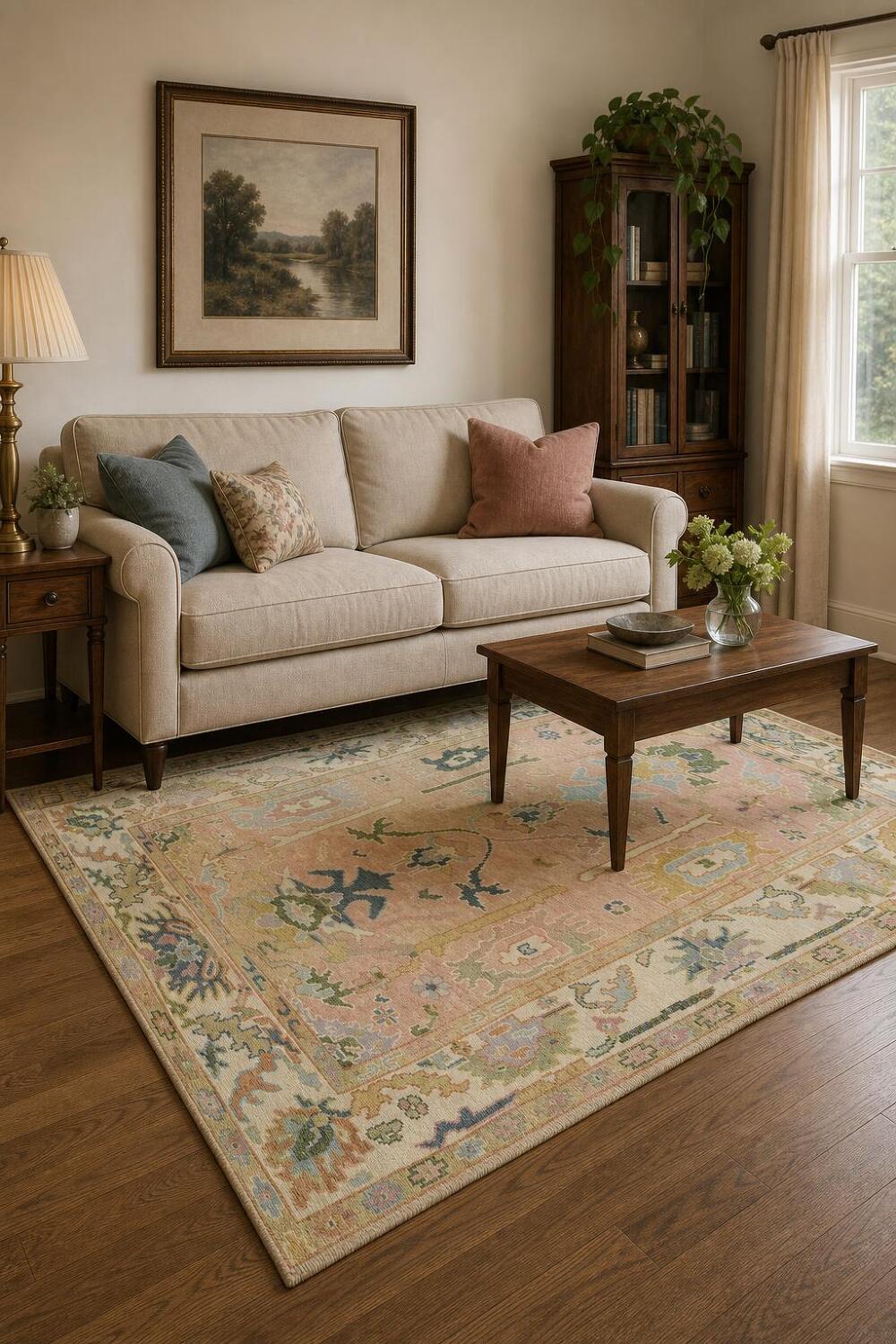 Elegant 6'x9' Pastel Toned Oushak Area Rug with Ornate Floral Motifs