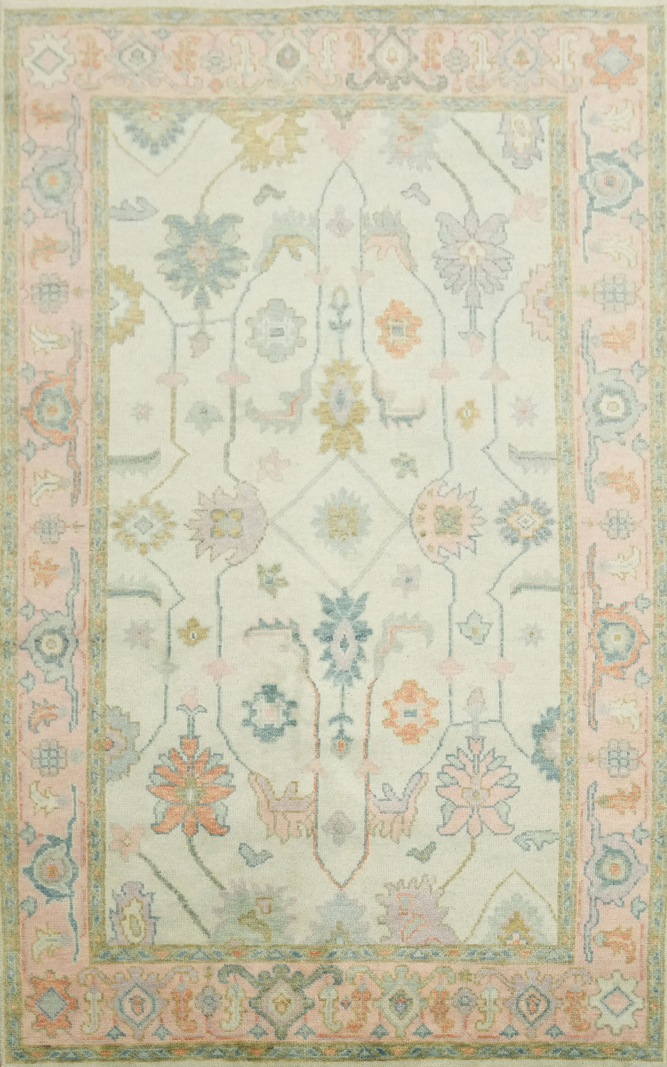 Vintage Pastel Mint Green 6'x9' Floral Oushak Area Rug with Elegant Ornate Design