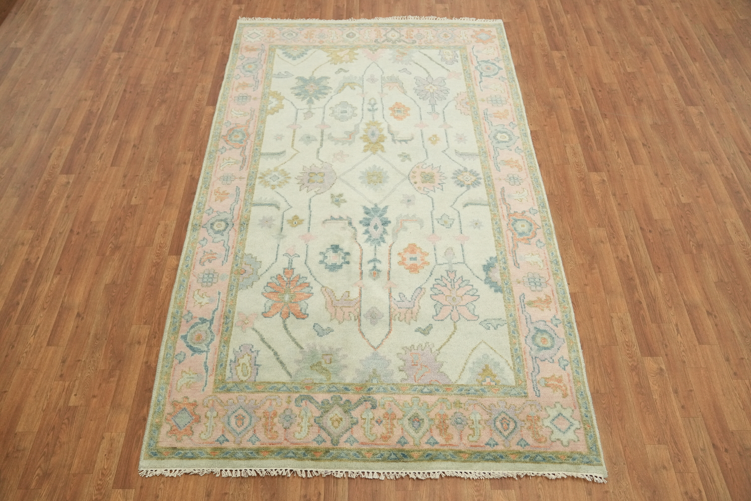 Vintage Pastel Mint Green 6'x9' Floral Oushak Area Rug with Elegant Ornate Design