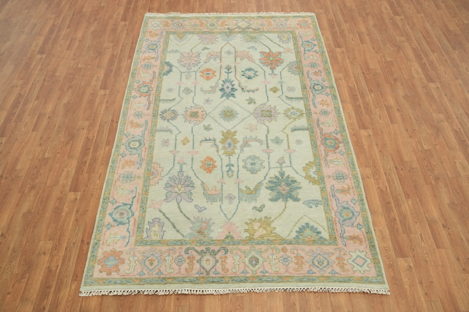 Vintage Pastel Mint Green 6'x9' Floral Oushak Area Rug with Elegant Ornate Design