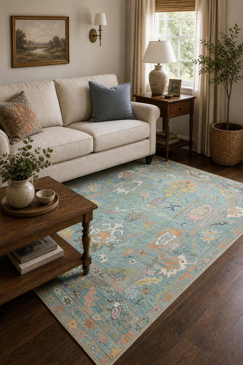 Pastel Blue Traditional Oushak Hand Made Area Rug 6x9
