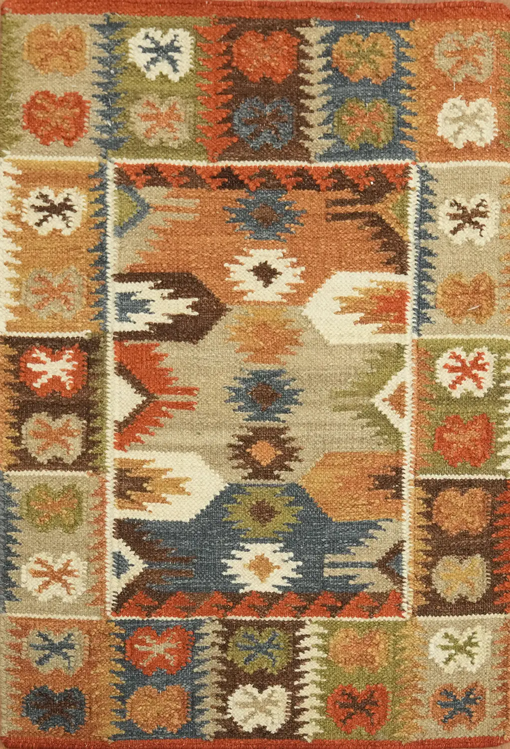 Hand-Woven Wool Kilim Rug 2x3 – Multi-Color Geometric Tribal Oriental Rug