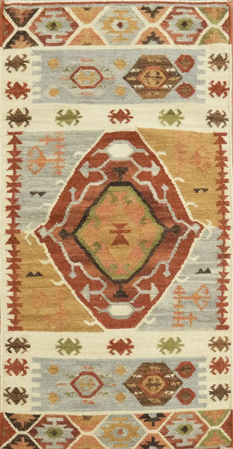 3'x5' Vintage-Inspired Multicolor Tribal Design Kilim Flat-Woven Accent Rug