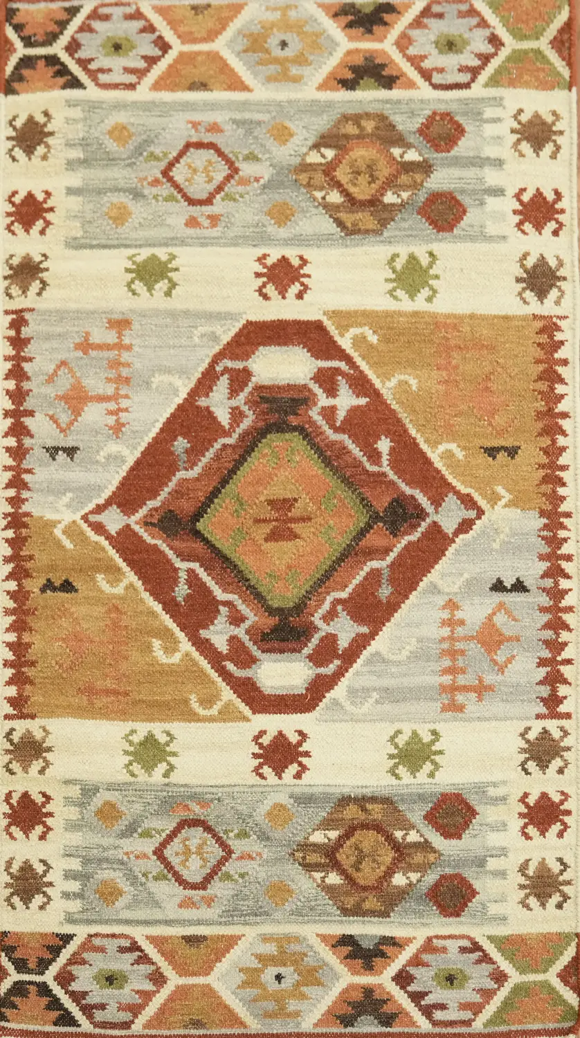 3'x5' Vintage-Inspired Multicolor Tribal Kilim Flat-Woven Accent Wool  Rug