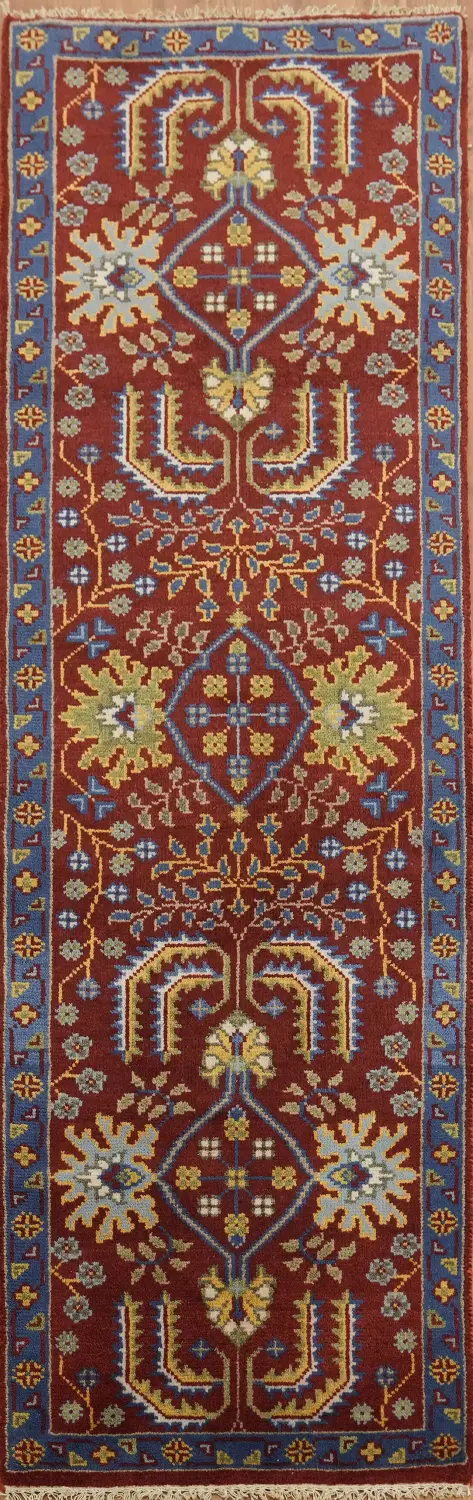 Crimson Red Runner with Blue Trim Detailing 7' 11'' X 2' 6''