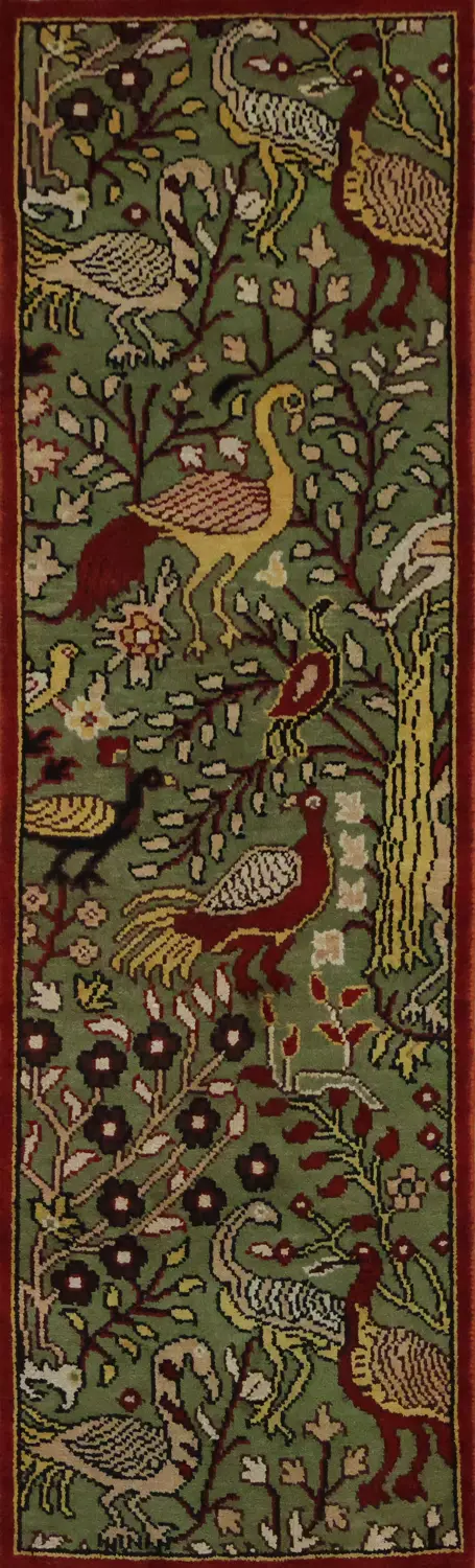 Bird and Tress Green 8 ft Runner Ziegler Hand-Knotted Wool Rug 8' 0'' X 2' 5''