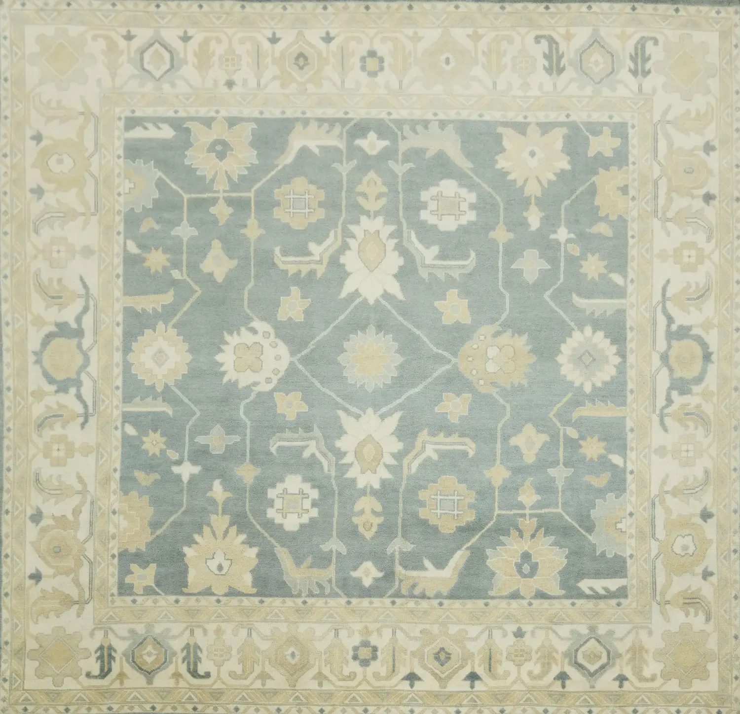 Traditional Blue and Beige 14 ft Square Oushak Hand-Knotted Wool Rug 14x14 ft