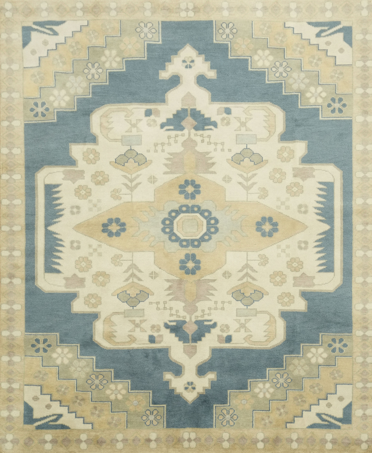 Elegant Geometric Turkish Inspired Oushak Rug in Soft Blue and Cream Tones 8x10