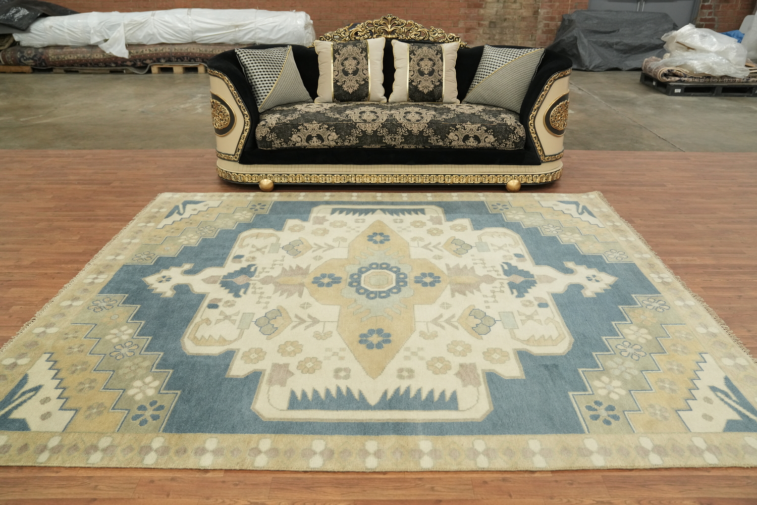 Elegant Geometric Turkish Inspired Oushak Rug in Soft Blue and Cream Tones 8x10