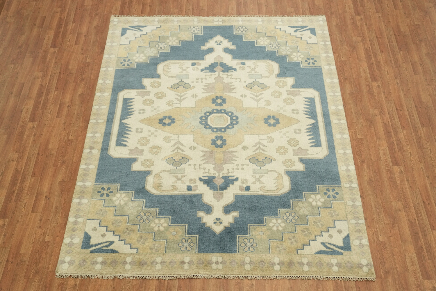 Elegant Geometric Turkish Inspired Oushak Rug in Soft Blue and Cream Tones 8x10