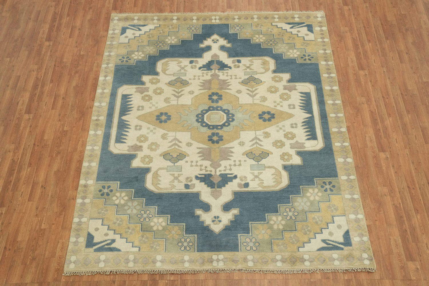 Elegant Geometric Turkish Inspired Oushak Rug in Soft Blue and Cream Tones 8x10