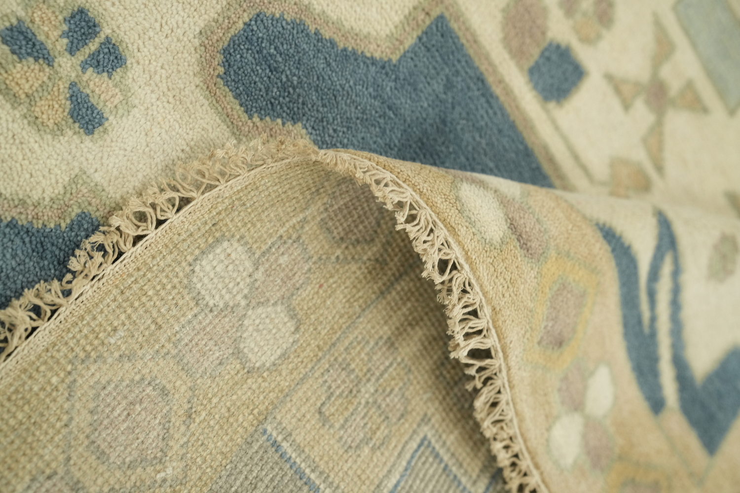 Elegant Geometric Turkish Inspired Oushak Rug in Soft Blue and Cream Tones 8x10