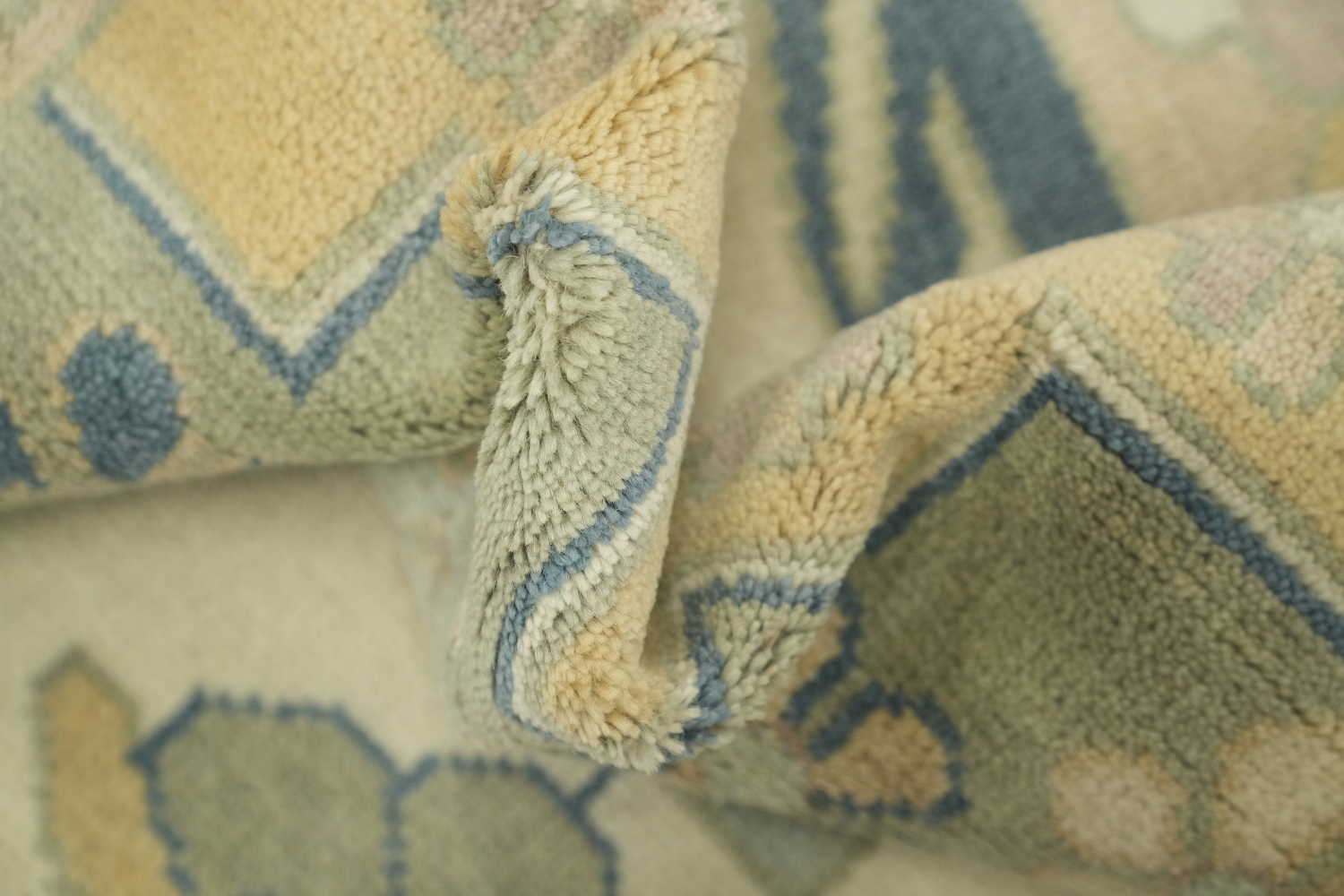 Elegant Geometric Turkish Inspired Oushak Rug in Soft Blue and Cream Tones 8x10