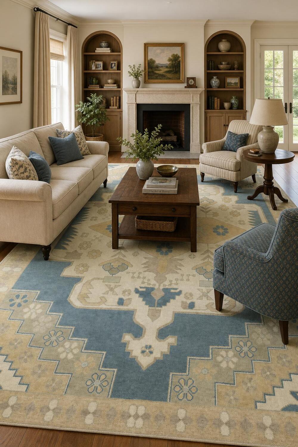 Elegant Geometric Turkish Inspired Oushak Rug in Soft Blue and Cream Tones 8x10