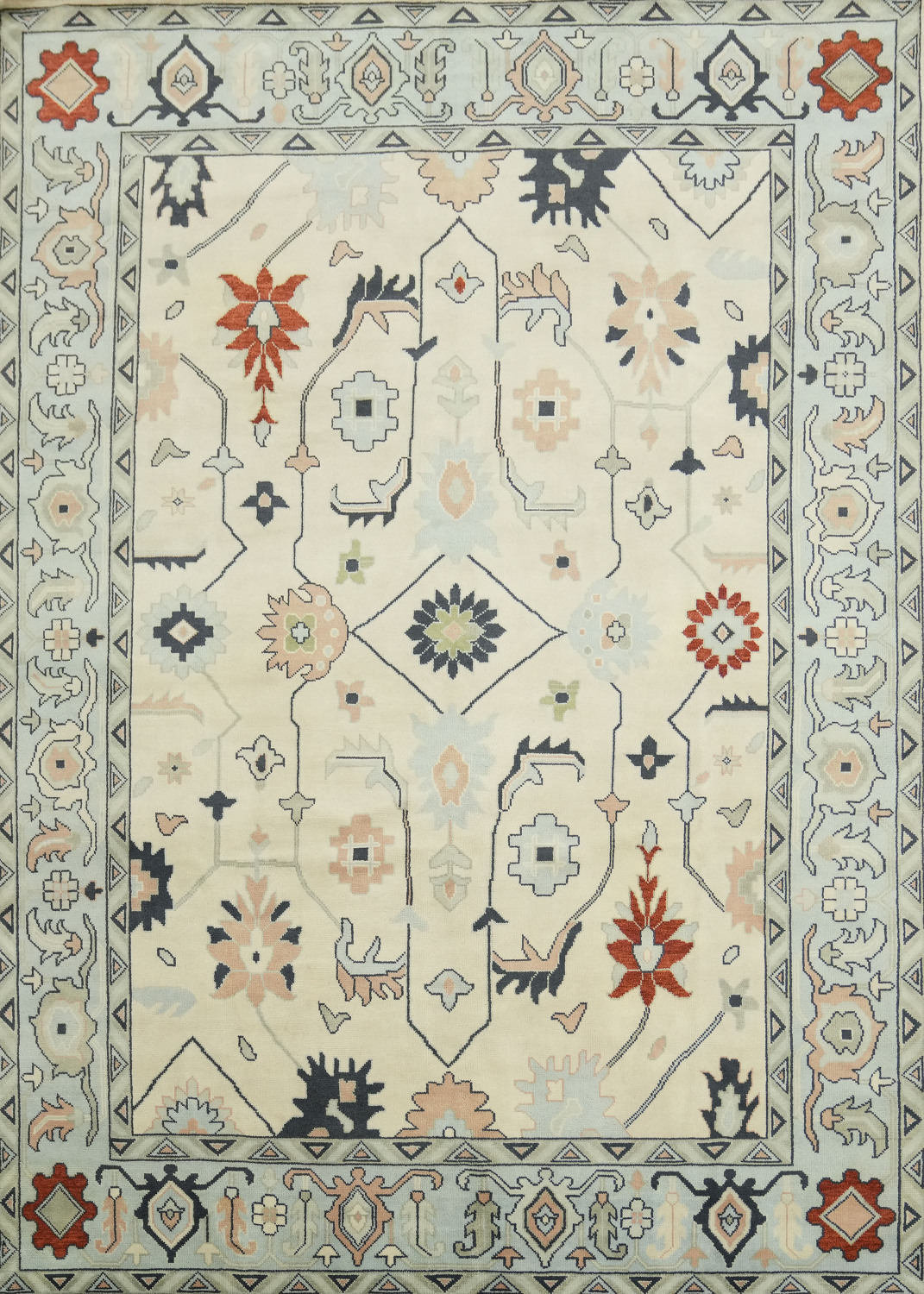 Ivory with Blue Border Traditional Oushak Hand Made Large Rug 10x14