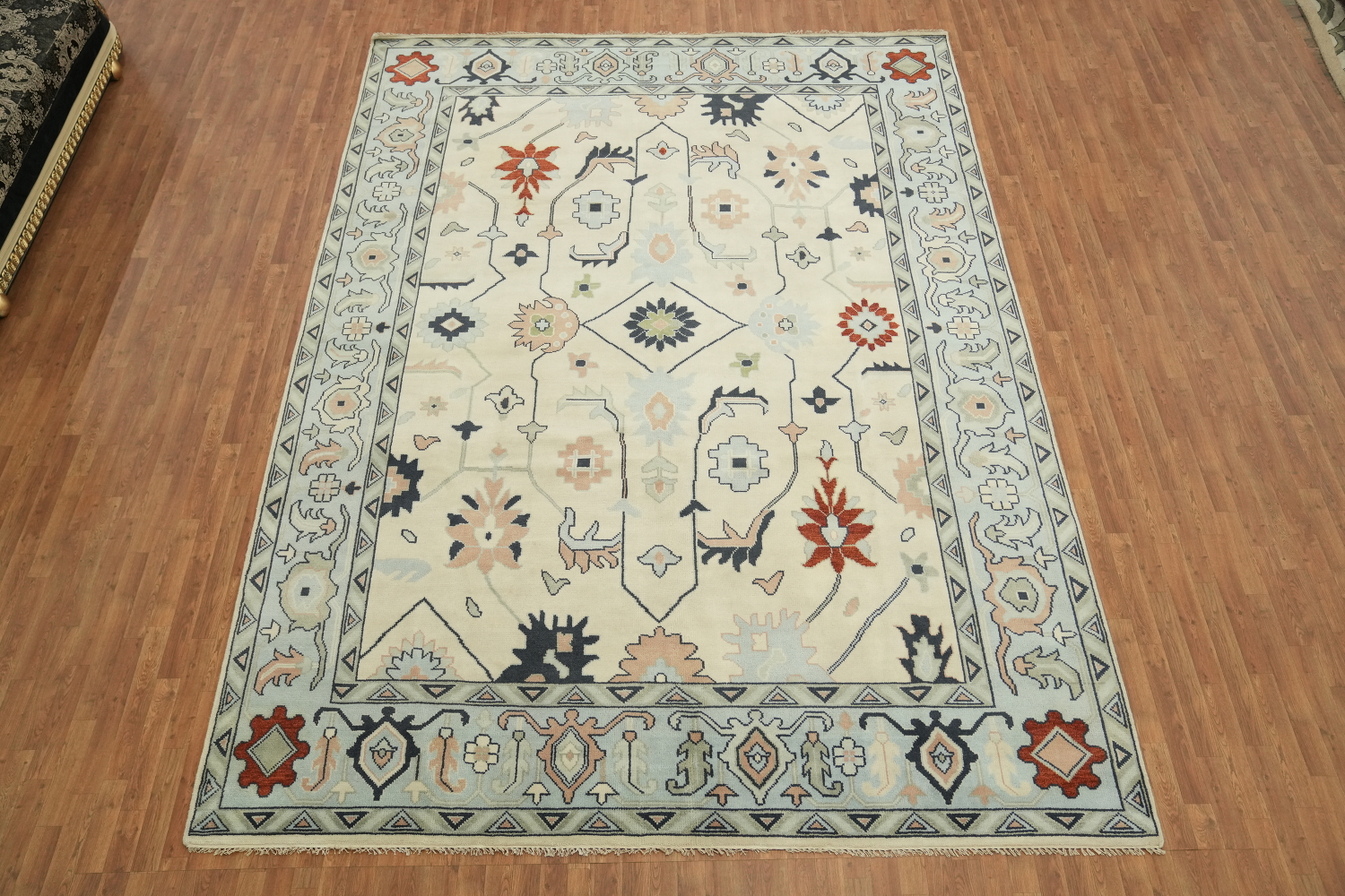 Ivory with Blue Border Traditional Oushak Hand Made Large Rug 10x14