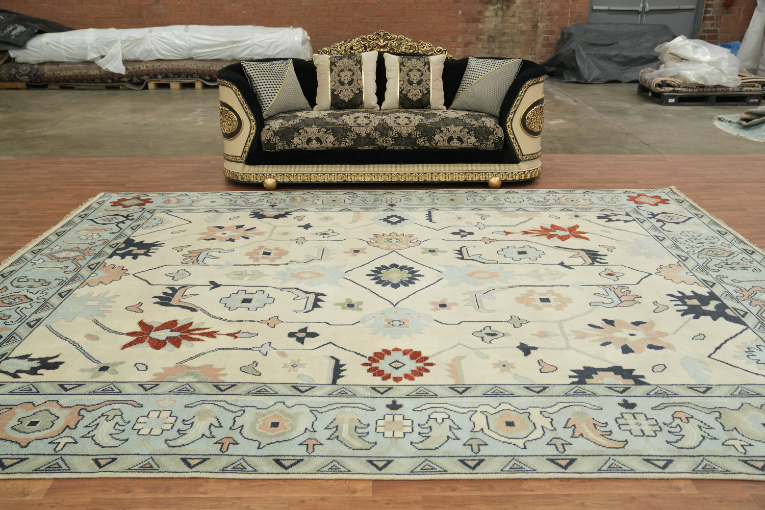 Ivory with Blue Border Traditional Oushak Hand Made Large Rug 10x14
