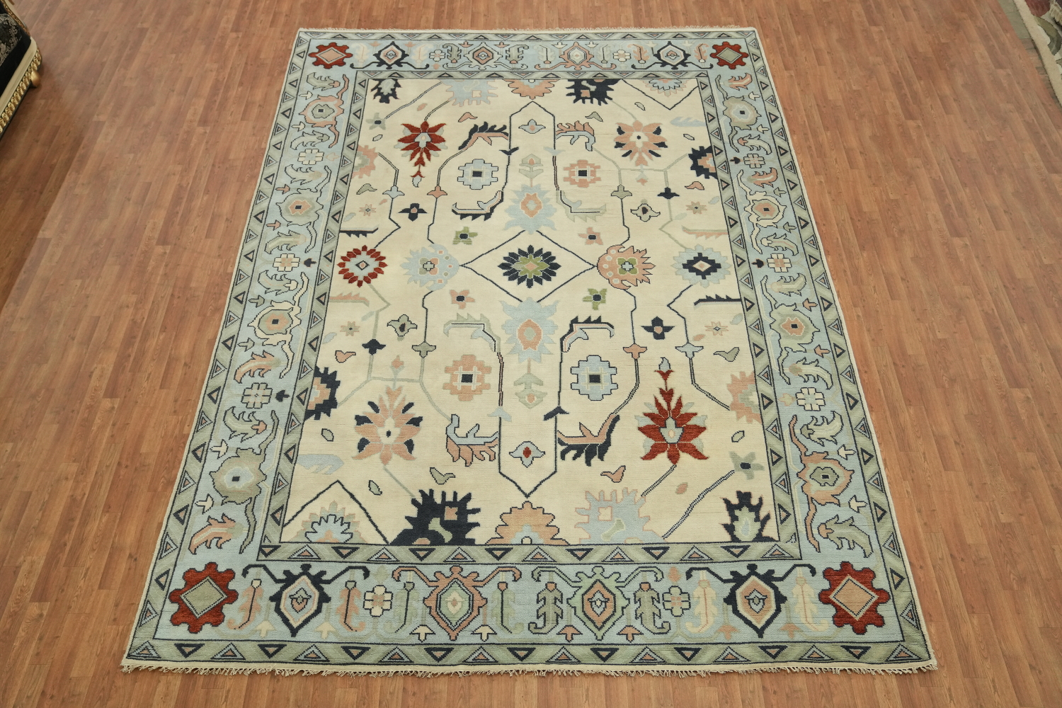 Ivory with Blue Border Traditional Oushak Hand Made Large Rug 10x14