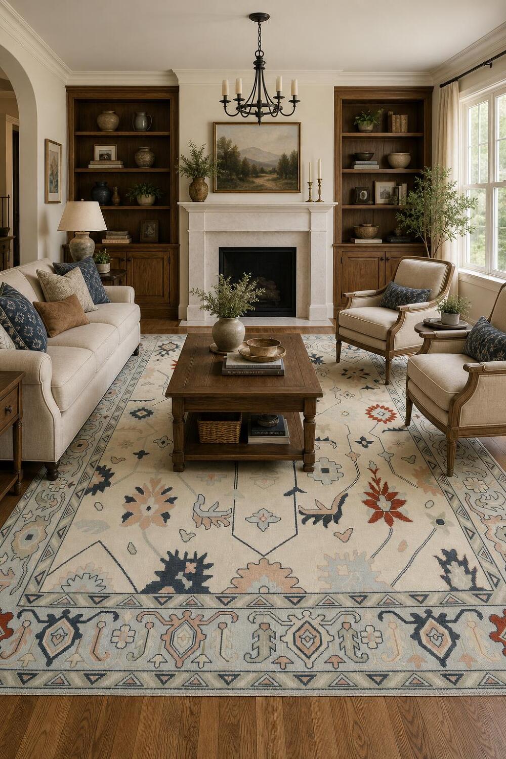 Ivory with Blue Border Traditional Oushak Hand Made Large Rug 10x14