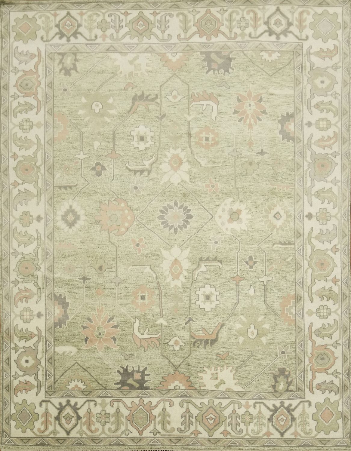 Muted Pastel Sage Green Oushak Rug Hand-Knotted Wool 9'x12'