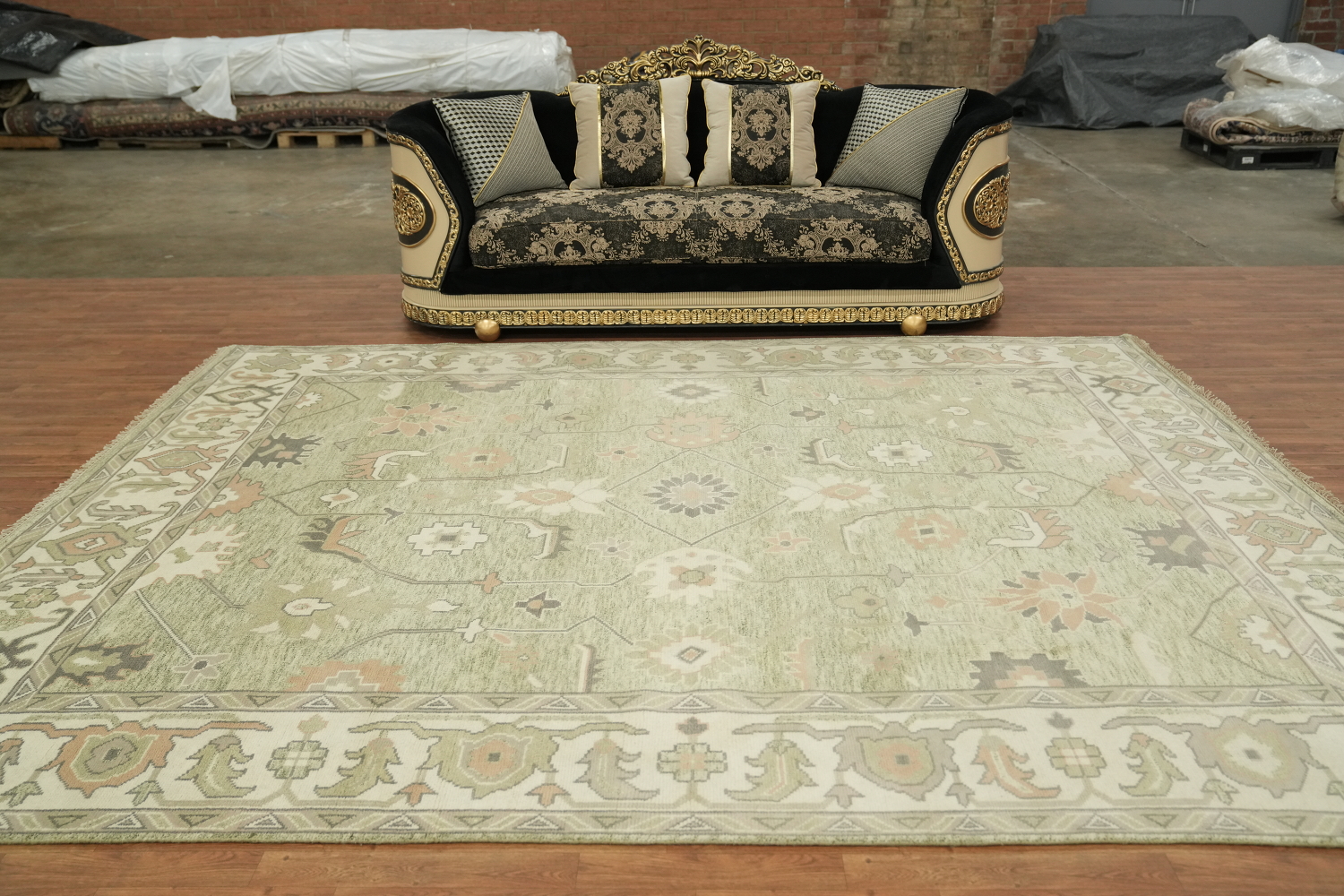 Muted Pastel Sage Green Oushak Rug Hand-Knotted Wool 9'x12'