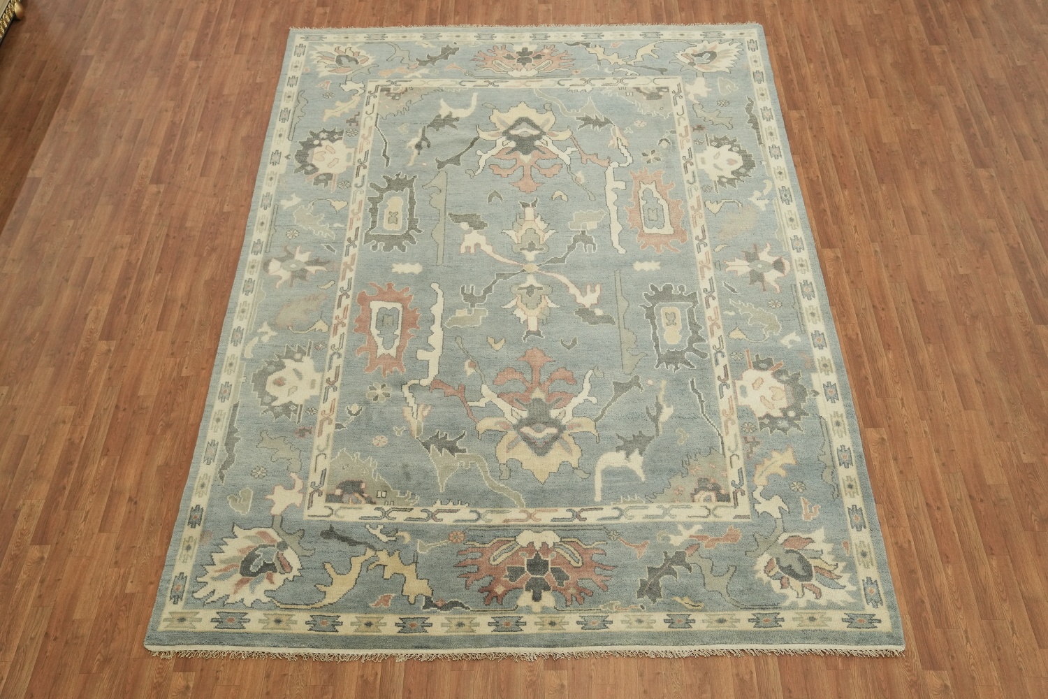 Luxurious Living: Artful Blue Medallion Oushak Wool Rug for Elegant Spaces 9x12