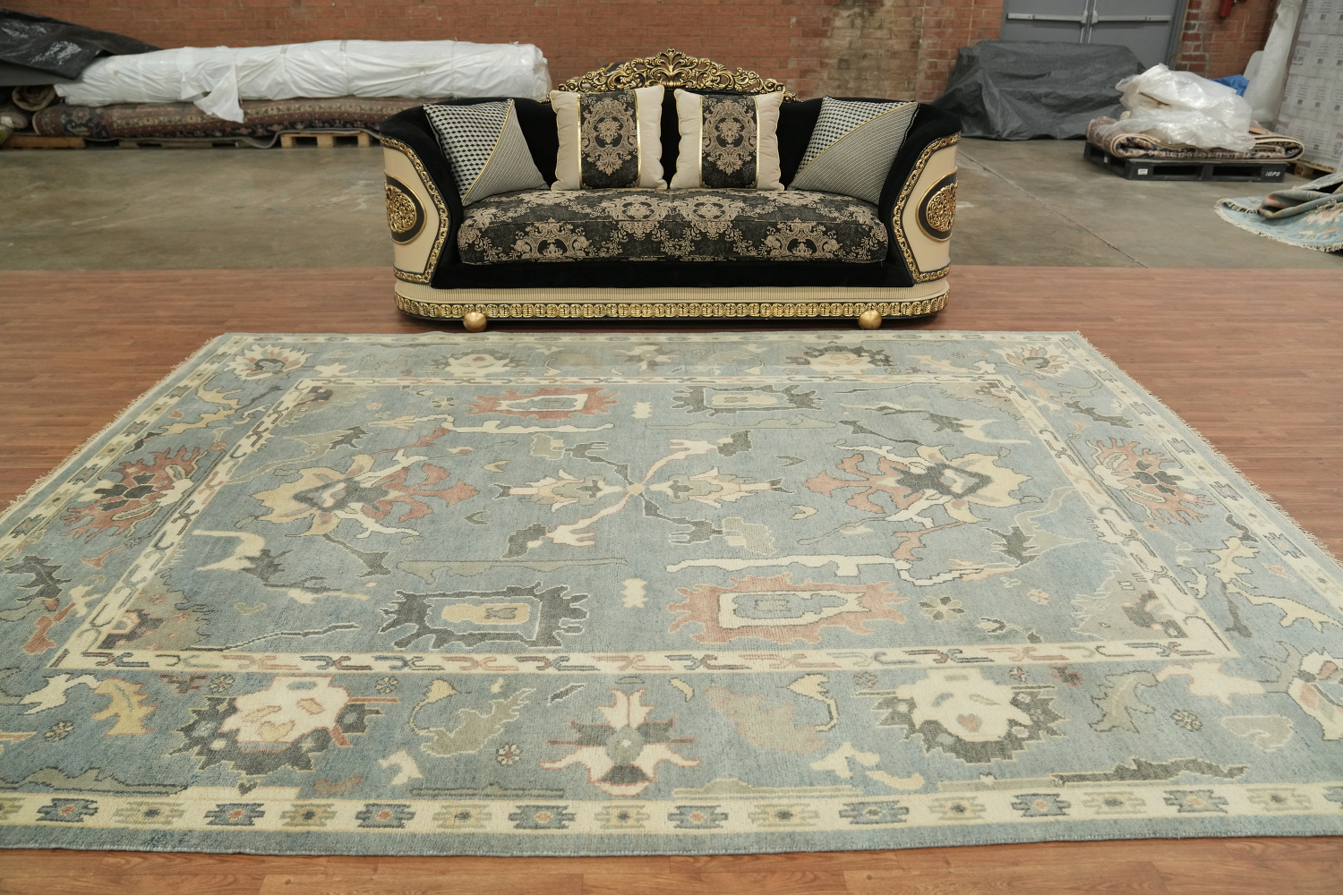 Luxurious Living: Artful Blue Medallion Oushak Wool Rug for Elegant Spaces 9x12