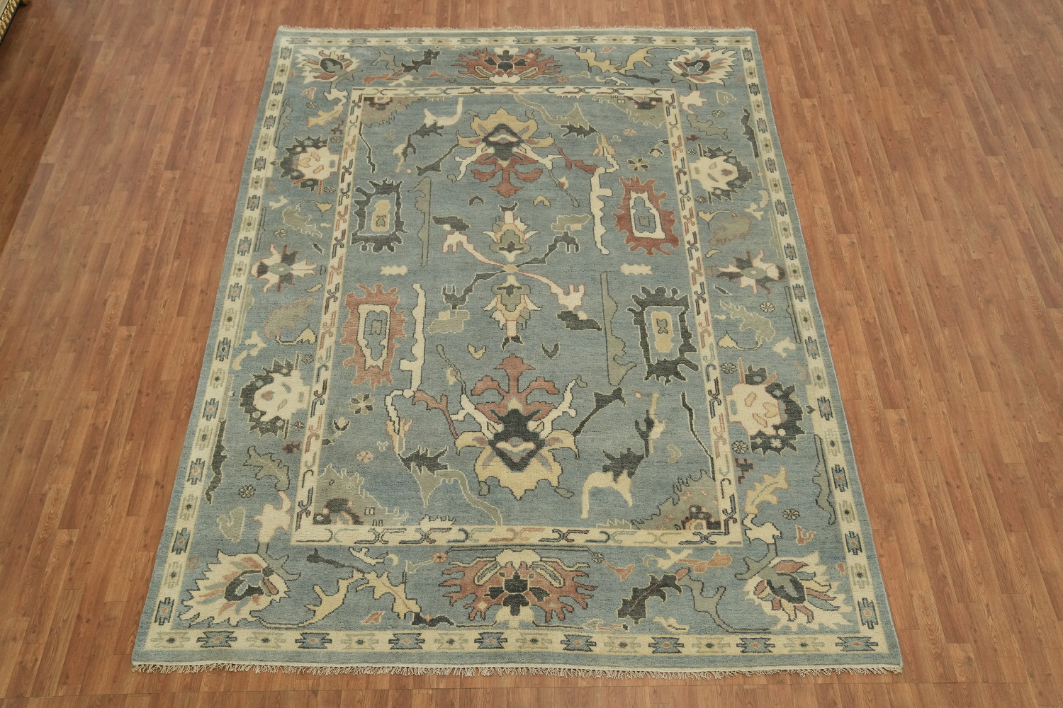 Luxurious Living: Artful Blue Medallion Oushak Wool Rug for Elegant Spaces 9x12