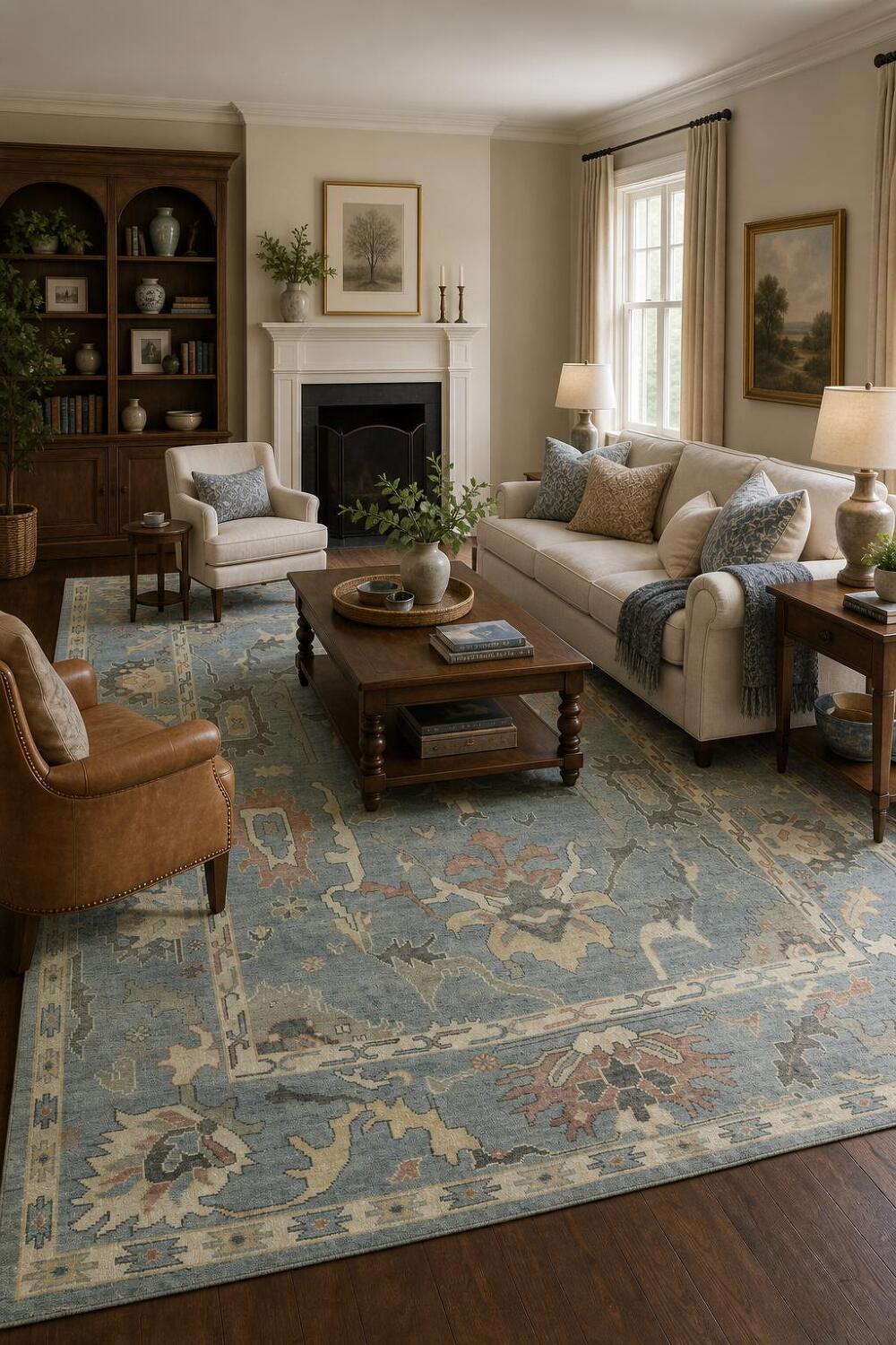 Luxurious Living: Artful Blue Medallion Oushak Wool Rug for Elegant Spaces 9x12