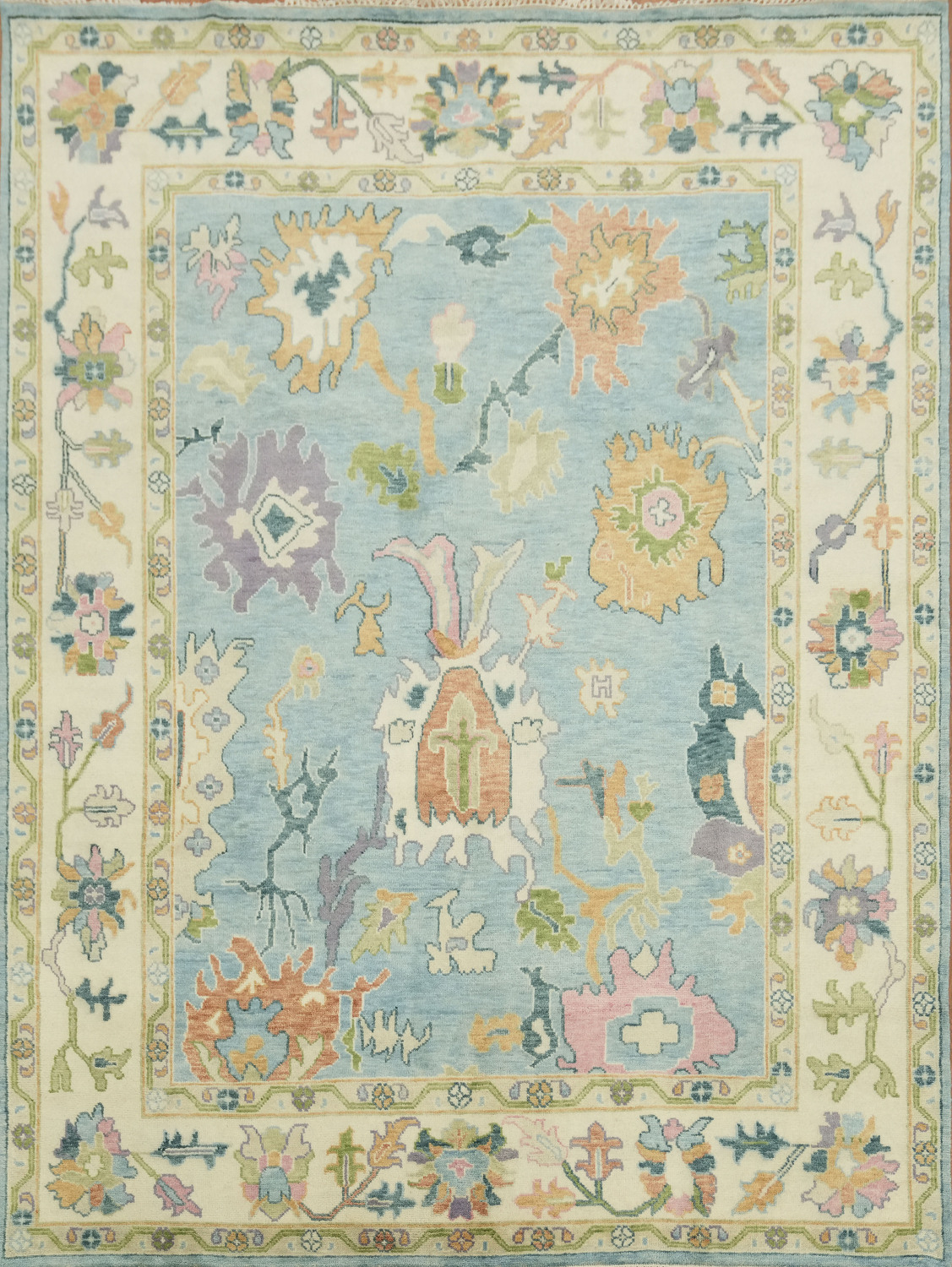 Light Blue & Ivory Traditional Oushak Rug, 9' x 12' Hand-Knotted Wool