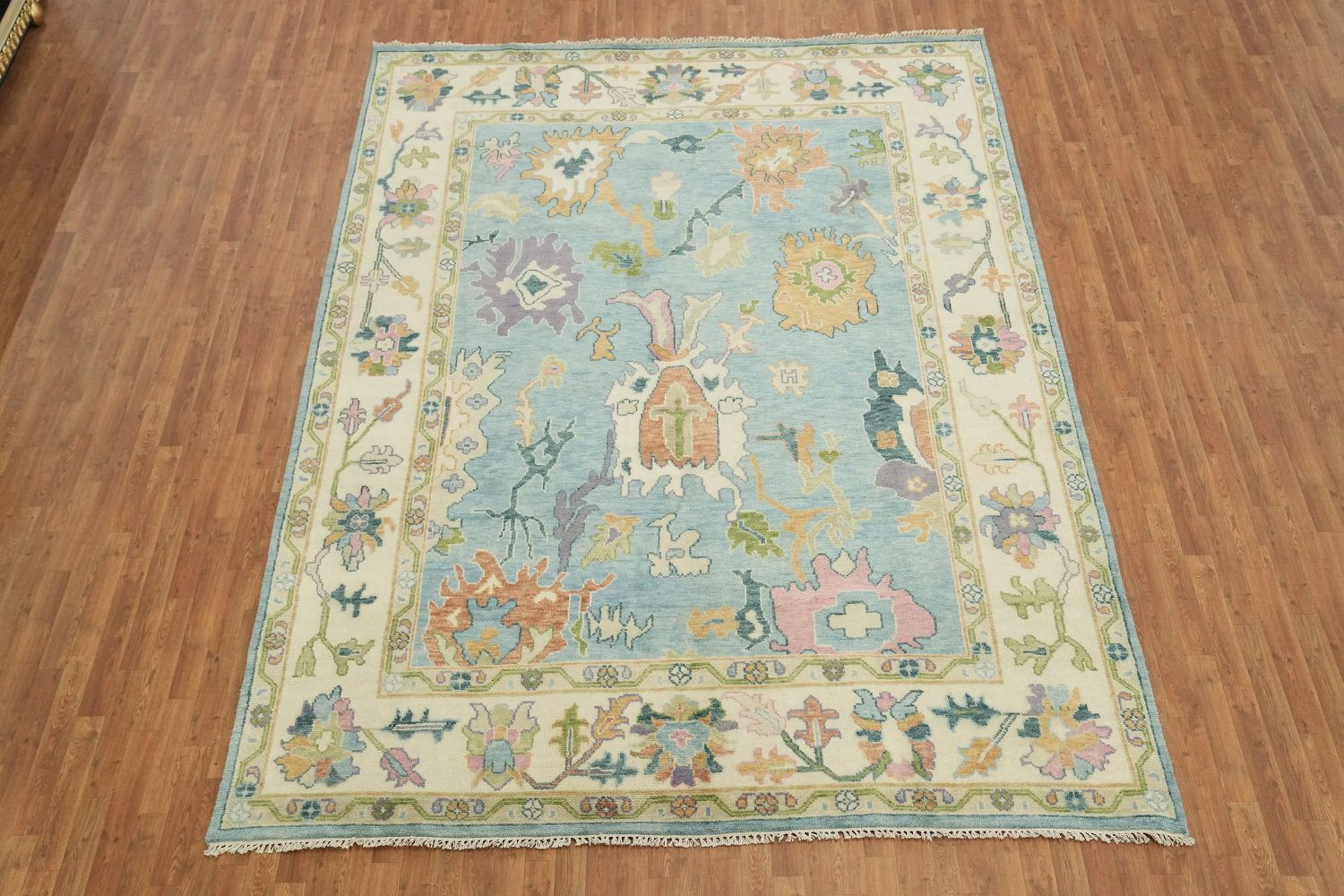 Light Blue & Ivory Traditional Oushak Rug, 9' x 12' Hand-Knotted Wool