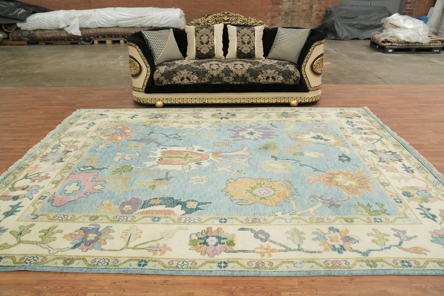 Light Blue & Ivory Traditional Oushak Rug, 9' x 12' Hand-Knotted Wool