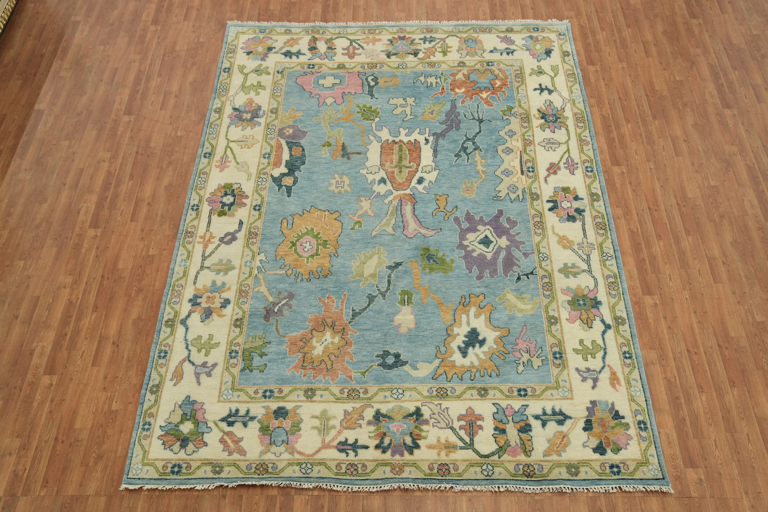 Light Blue & Ivory Traditional Oushak Rug, 9' x 12' Hand-Knotted Wool