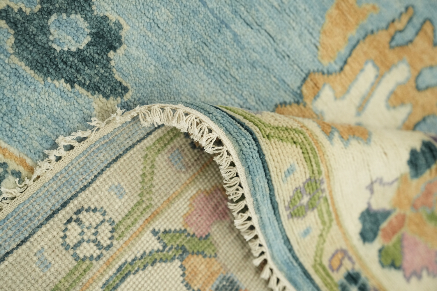 Light Blue & Ivory Traditional Oushak Rug, 9' x 12' Hand-Knotted Wool