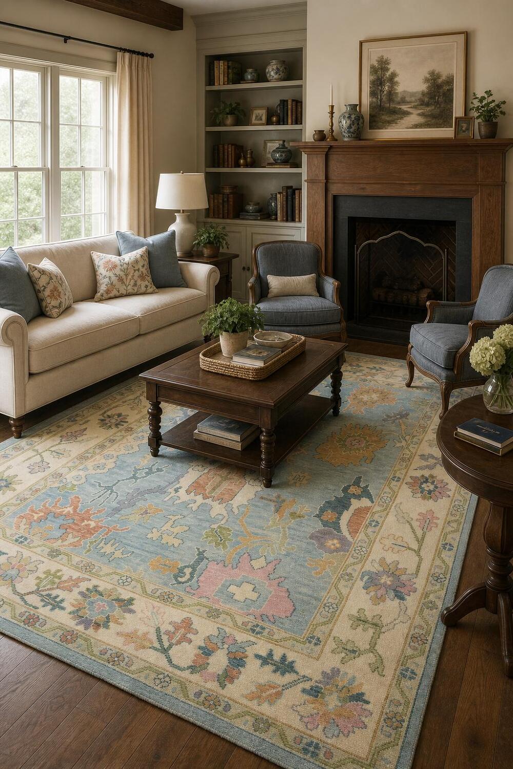 Light Blue & Ivory Traditional Oushak Rug, 9' x 12' Hand-Knotted Wool