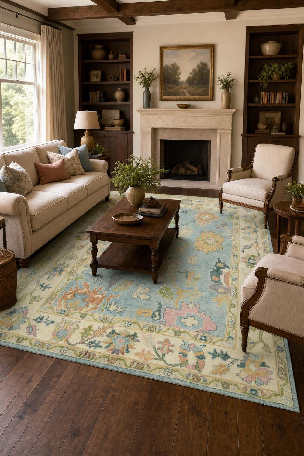 Light Blue & Ivory Traditional Oushak Rug, 9' x 12' Hand-Knotted Wool