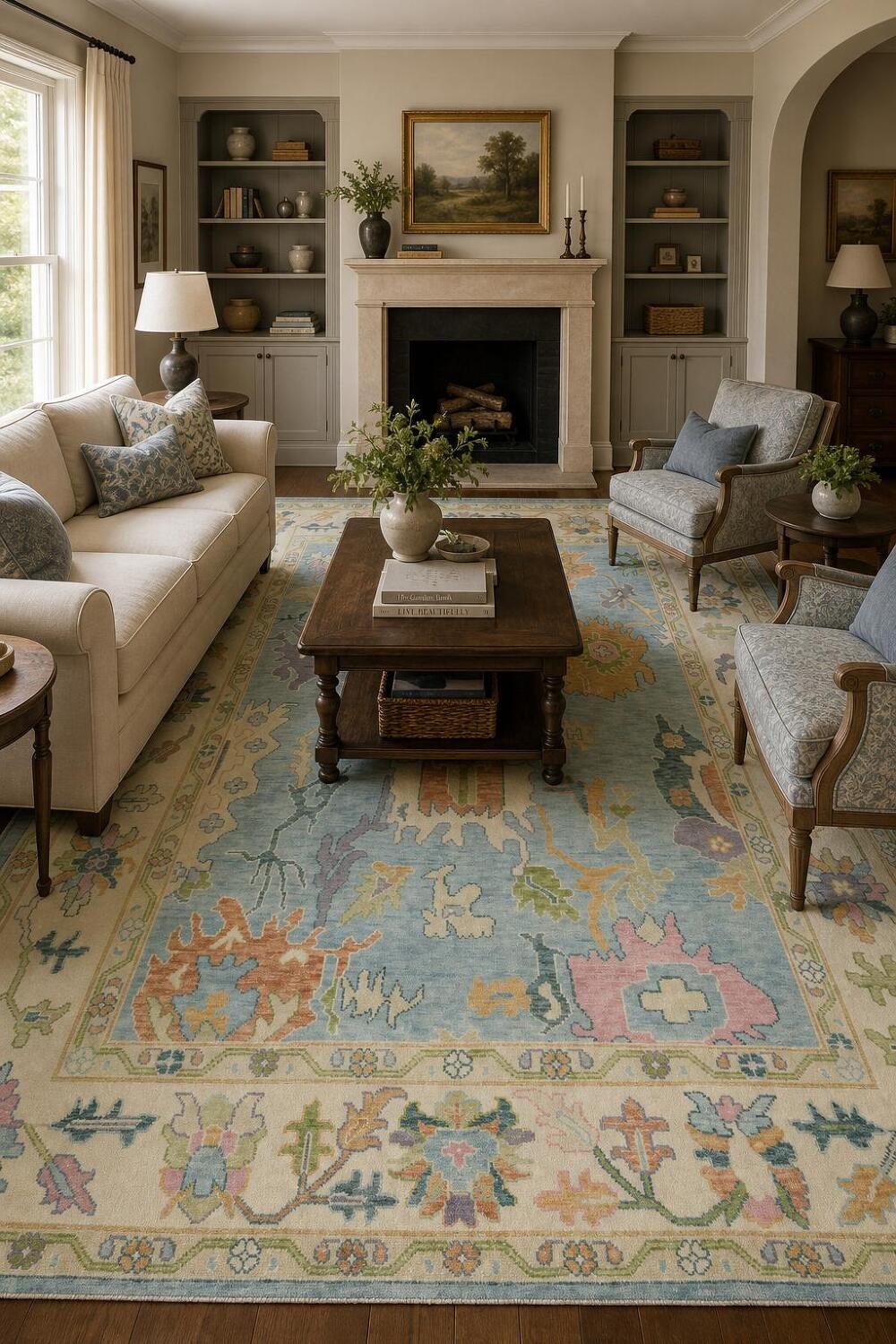 Light Blue & Ivory Traditional Oushak Rug, 9' x 12' Hand-Knotted Wool