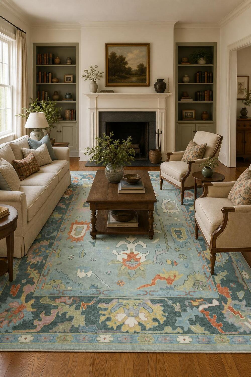 Blue and Teal Green Traditional Oushak Hand Made Area Rug 9x12