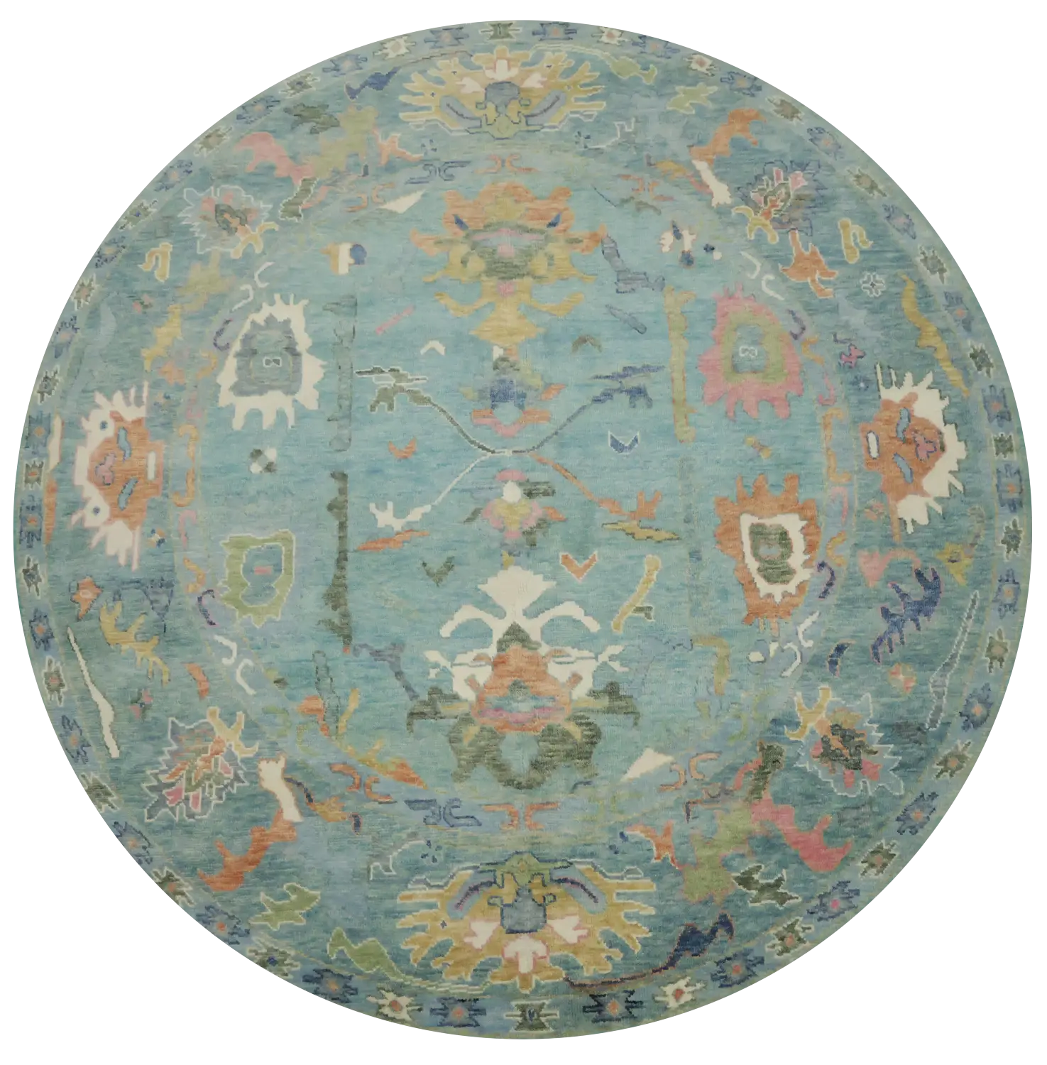 Charming 10 ft Oushak Hand-Knotted Round Rug  Unique Patterns in Blue and Pastels